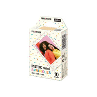 Fujifilm Instax Mini Sprinkles instant film 10-pack box with colorful confetti pattern and credit card-sized print.
