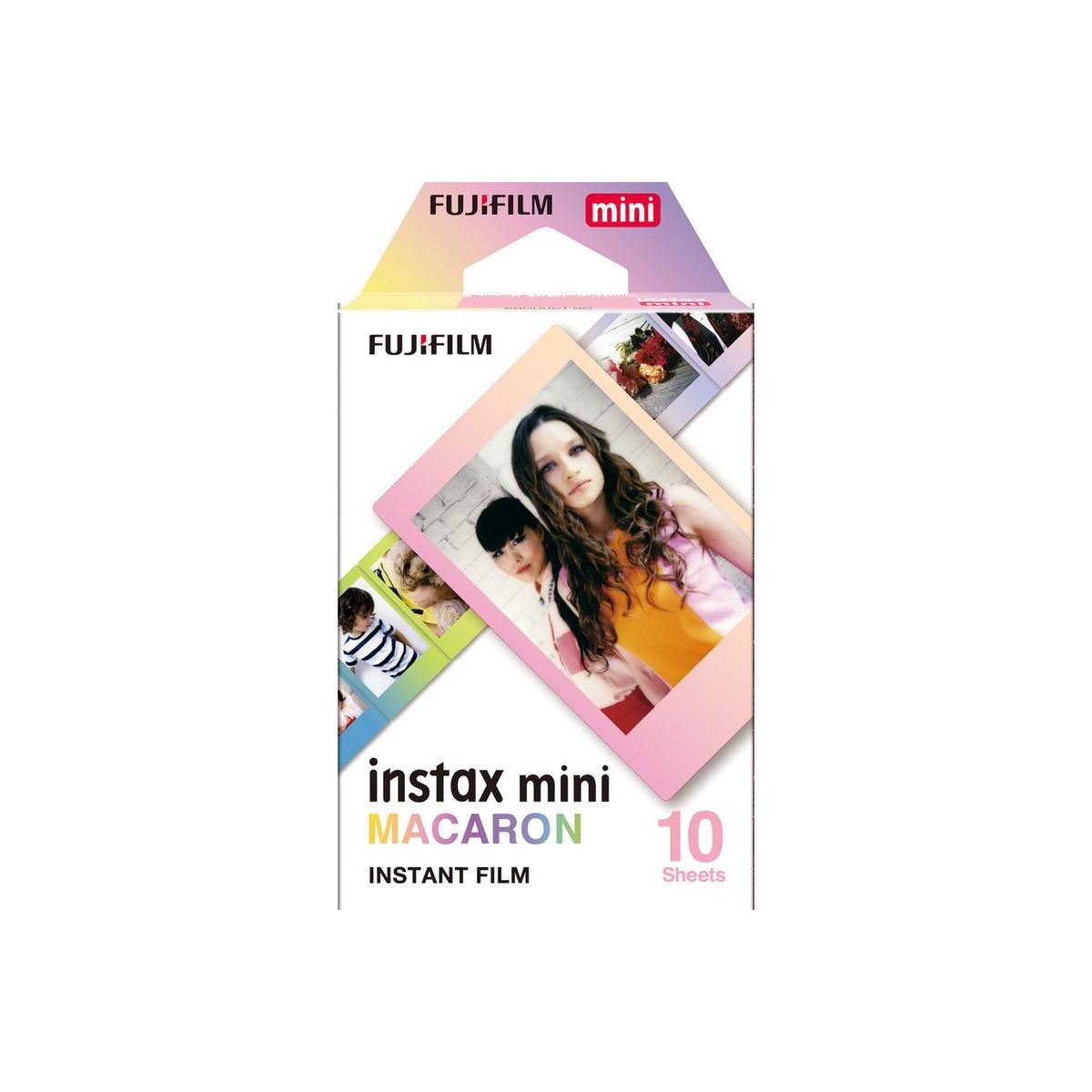 Fujifilm Instax Mini Macaron instant film pack with 10 sheets and colorful pastel-bordered credit card-sized prints.