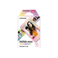 Fujifilm Instax Mini Macaron instant film pack with 10 sheets and colorful pastel-bordered credit card-sized prints.