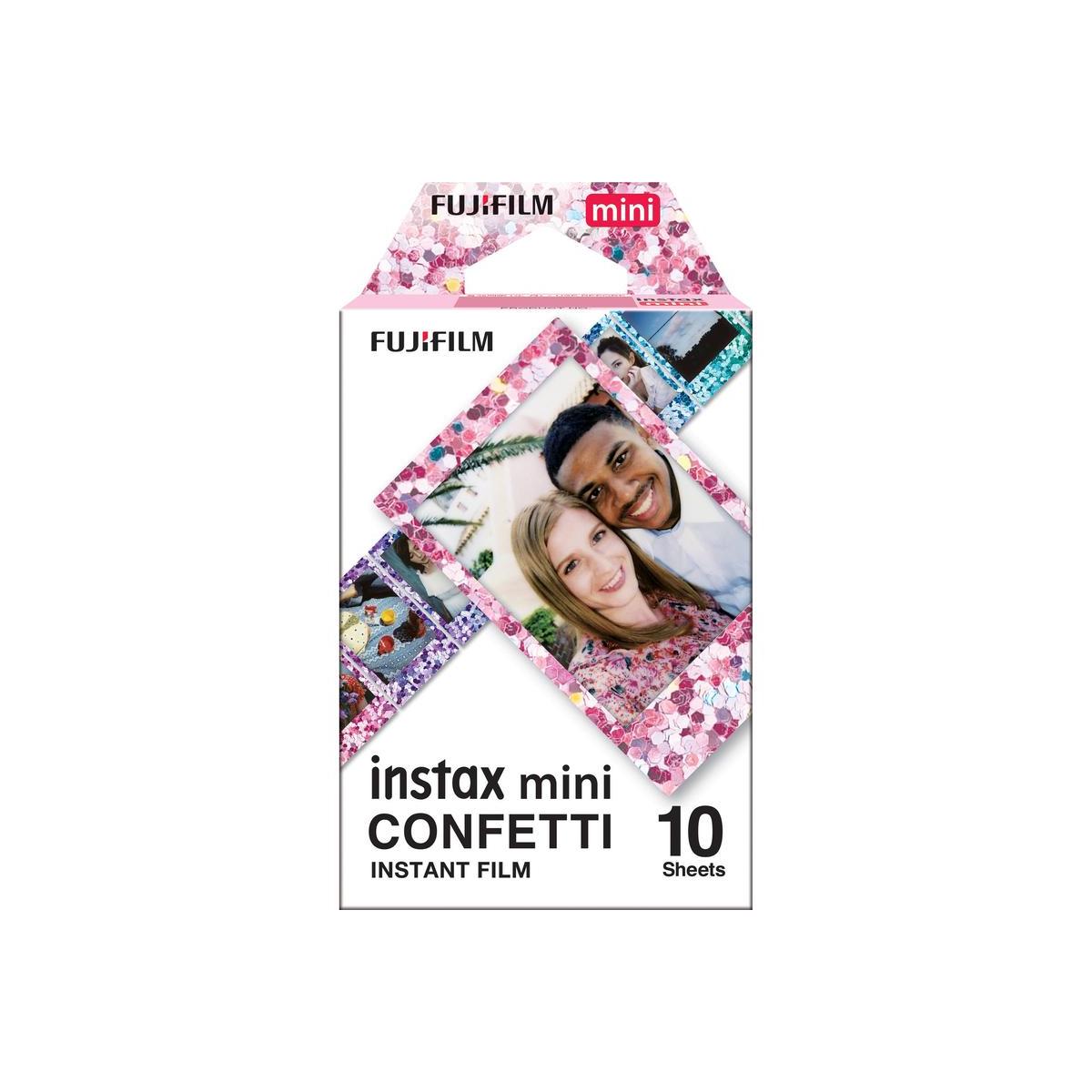 Fujifilm Instax Mini Confetti instant film 10-pack with colorful decorative border frames for credit card-sized prints.