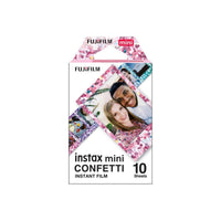 Fujifilm Instax Mini Confetti instant film 10-pack with colorful decorative border frames for credit card-sized prints.