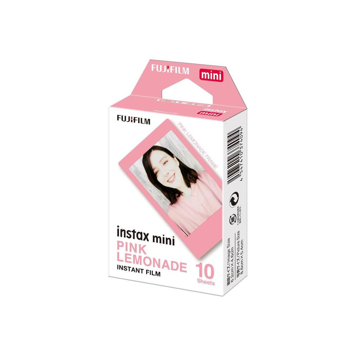 Fujifilm Instax Mini Pink Lemonade instant film box with 10 sheets for credit card-sized color prints.
