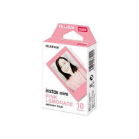 Fujifilm Instax Mini Pink Lemonade instant film box with 10 sheets for credit card-sized color prints.