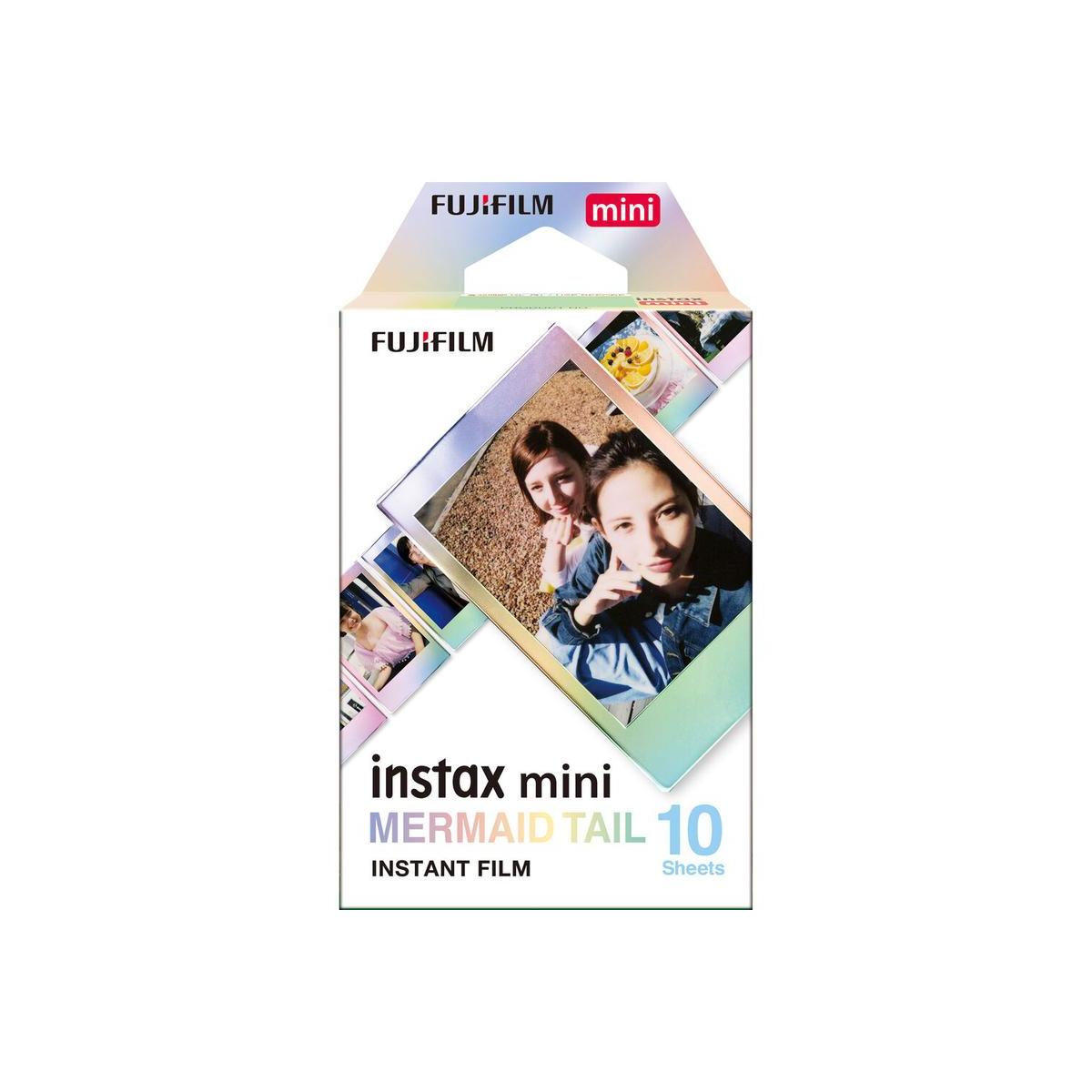Fujifilm Instax Mini Mermaid Tail instant film pack with 10 credit card-sized exposures and iridescent frame design.