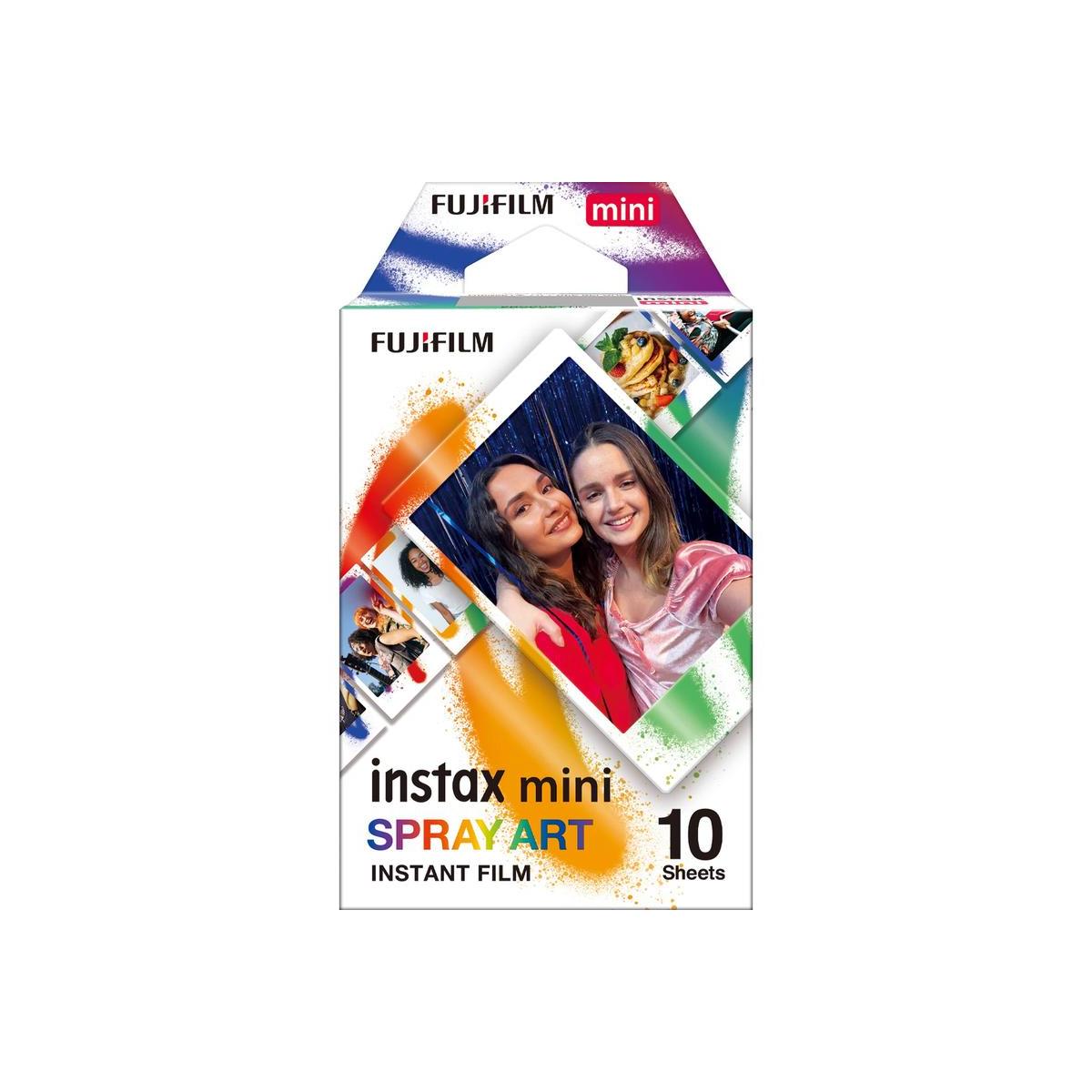 Fujifilm Instax Mini Spray Art instant film box with 10 sheets and colorful paint splatter design.