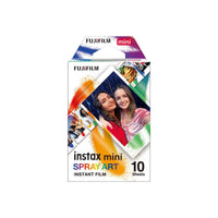 Fujifilm Instax Mini Spray Art instant film box with 10 sheets and colorful paint splatter design.