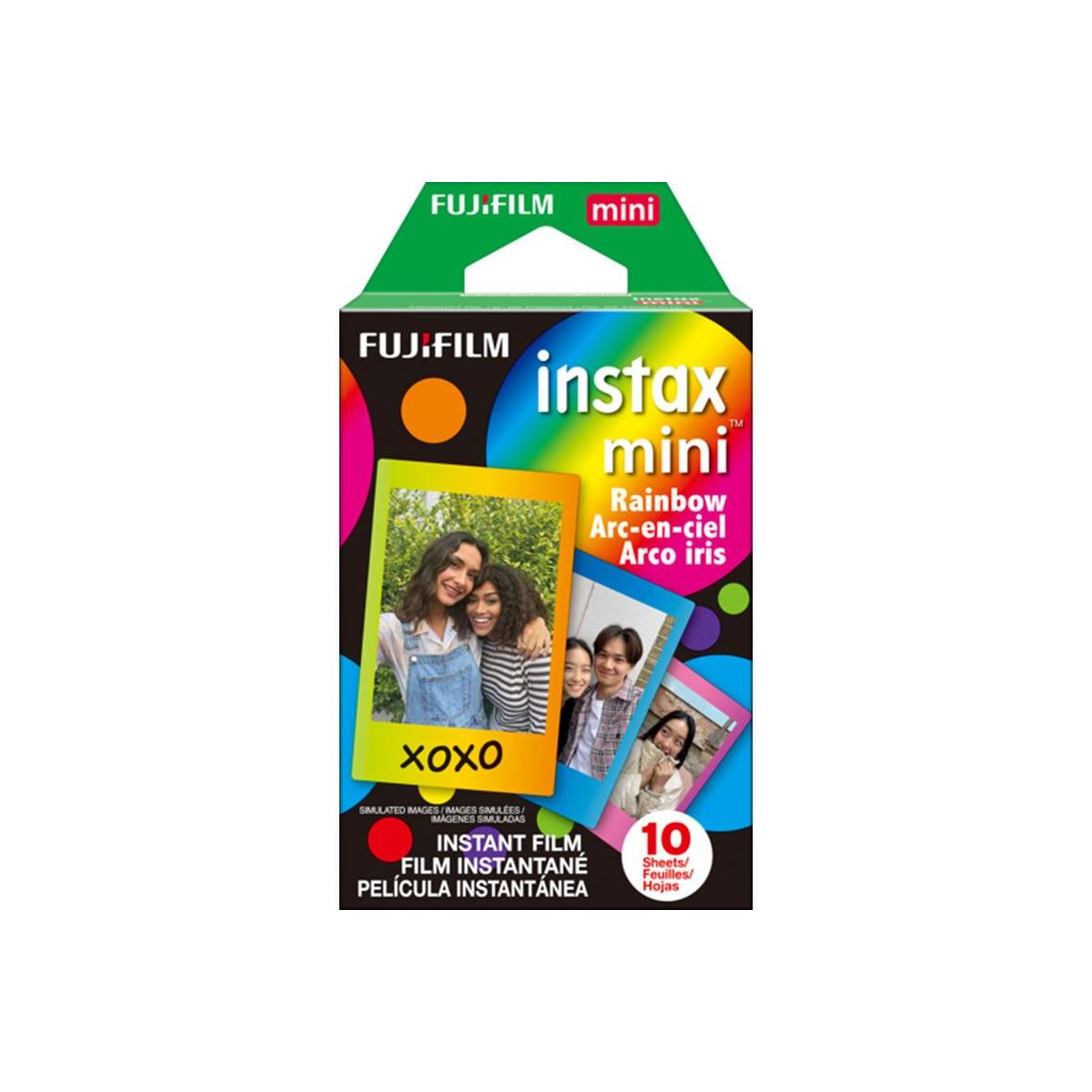 Fujifilm Instax Mini Rainbow instant film 10-pack box with colorful gradient design and credit card-sized photo samples.