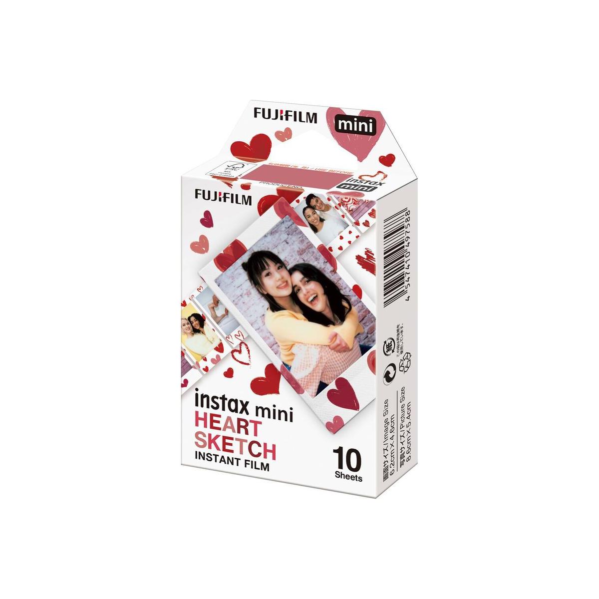 Fujifilm Instax Mini Heart Sketch instant film box with red heart patterns and 10 credit card-sized photo exposures.