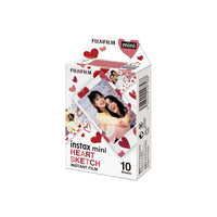 Fujifilm Instax Mini Heart Sketch instant film box with red heart patterns and 10 credit card-sized photo exposures.
