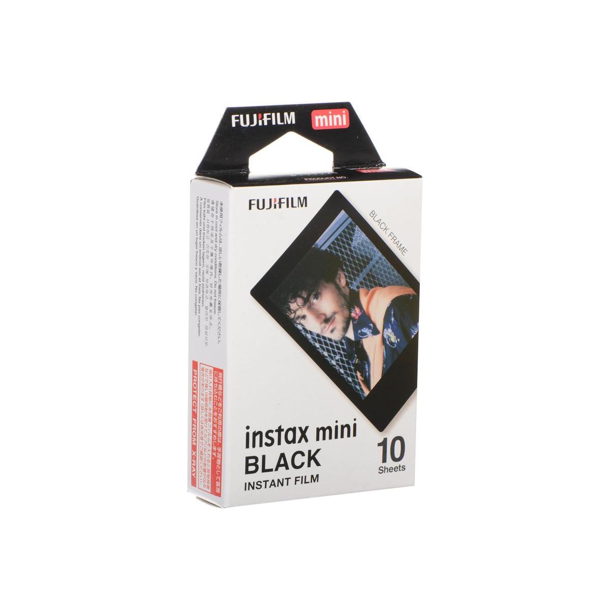 Fujifilm Instax Mini instant film 10-pack box with black frame design and sample portrait print.