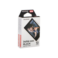 Fujifilm Instax Mini instant film 10-pack box with black frame design and sample portrait print.