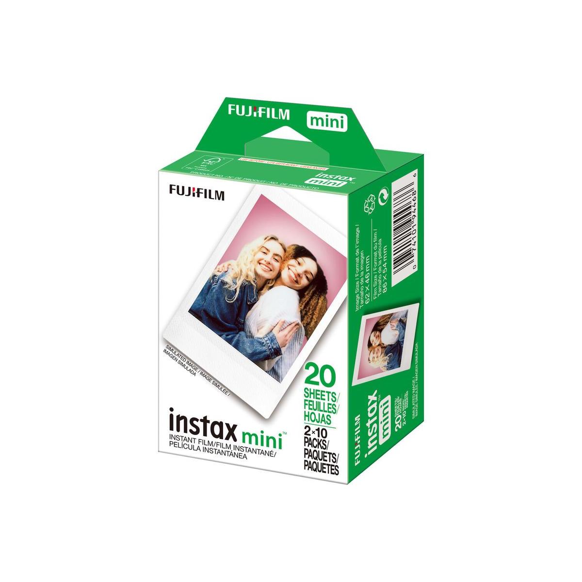 Fujifilm INSTAX Mini 20-pack instant film box with white-bordered credit card-sized photo sample.