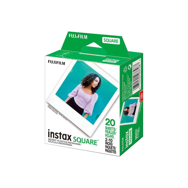 Fujifilm INSTAX Square instant film 20-pack box with white-bordered square photo sample on green and white packaging.
