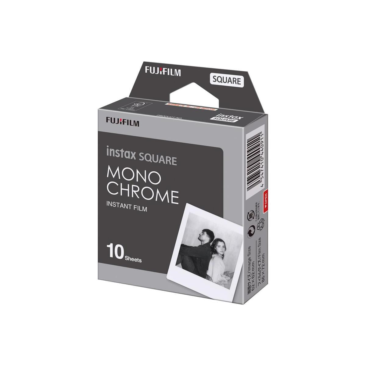 Fujifilm Instax Square Monochrome film box with 10 exposures and a sample black and white square print.