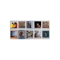 Ten square INSTAX instant film prints featuring vibrant photos with warm, sunset-toned gradient borders.