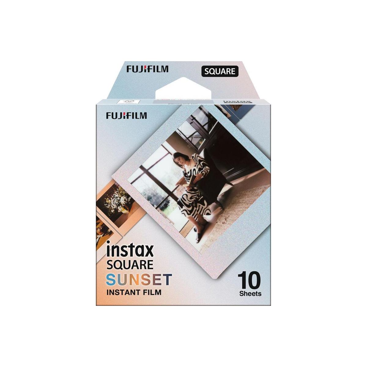 Fujifilm INSTAX Square Sunset instant film pack with 10 exposures and colorful gradient sunset-themed borders.