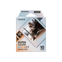 Fujifilm INSTAX Square Sunset instant film pack with 10 exposures and colorful gradient sunset-themed borders.