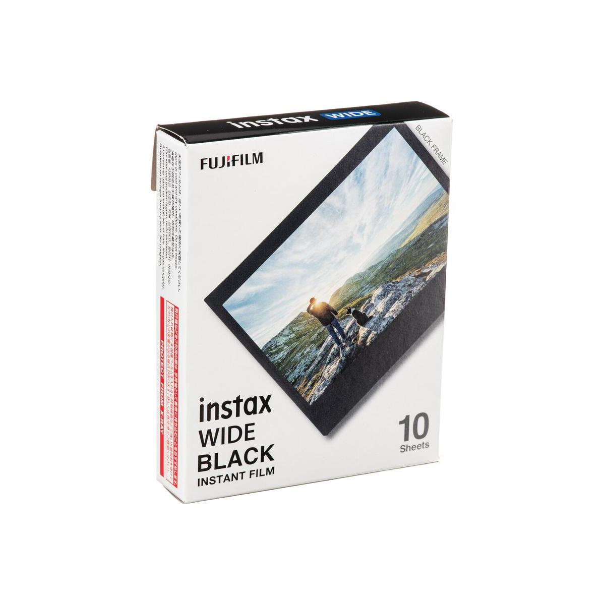 Fujifilm INSTAX WIDE instant film pack with 10 exposures featuring a stylish black border design.
