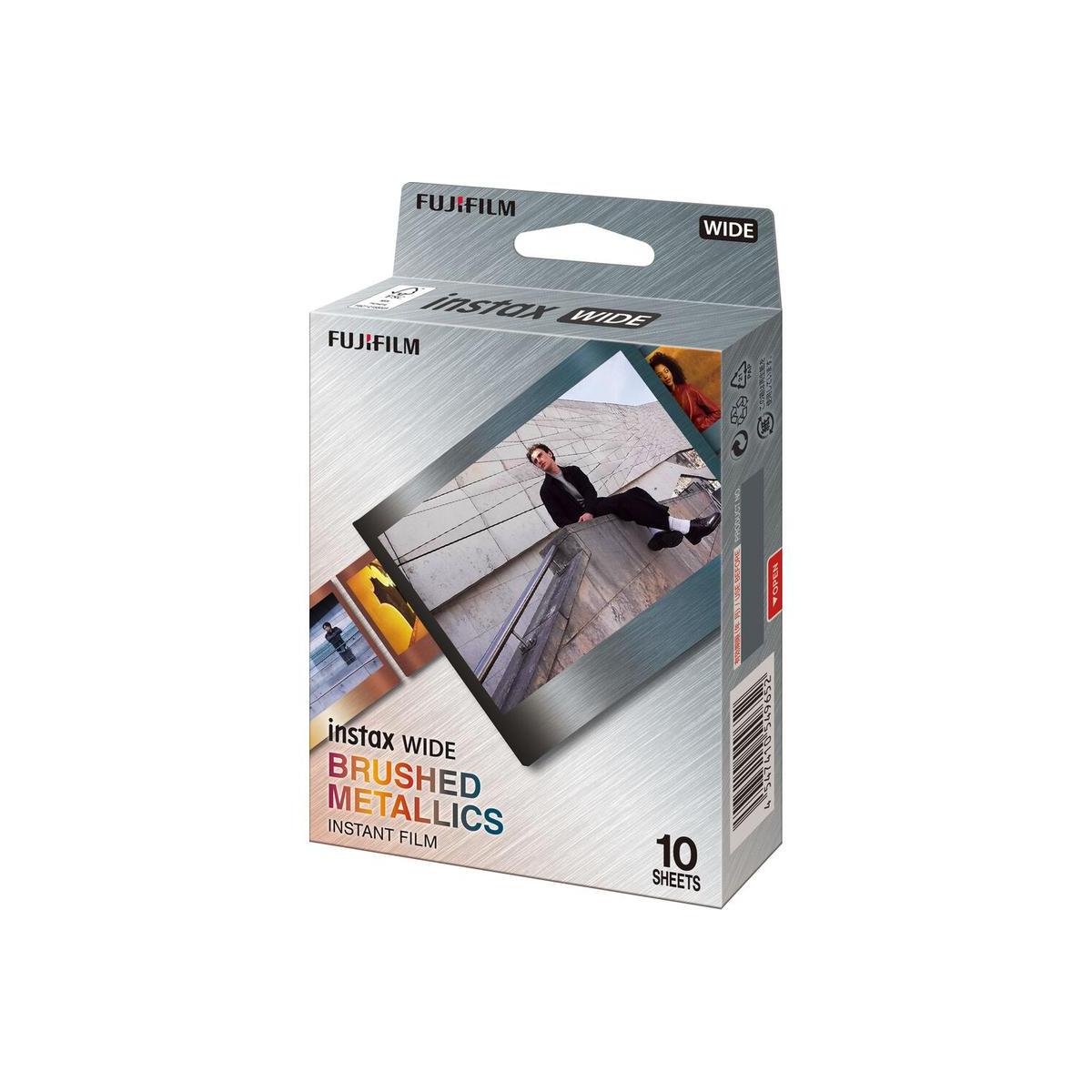 Fujifilm Instax Wide Brushed Metallics instant film 10-pack box with metallic silver frame design.