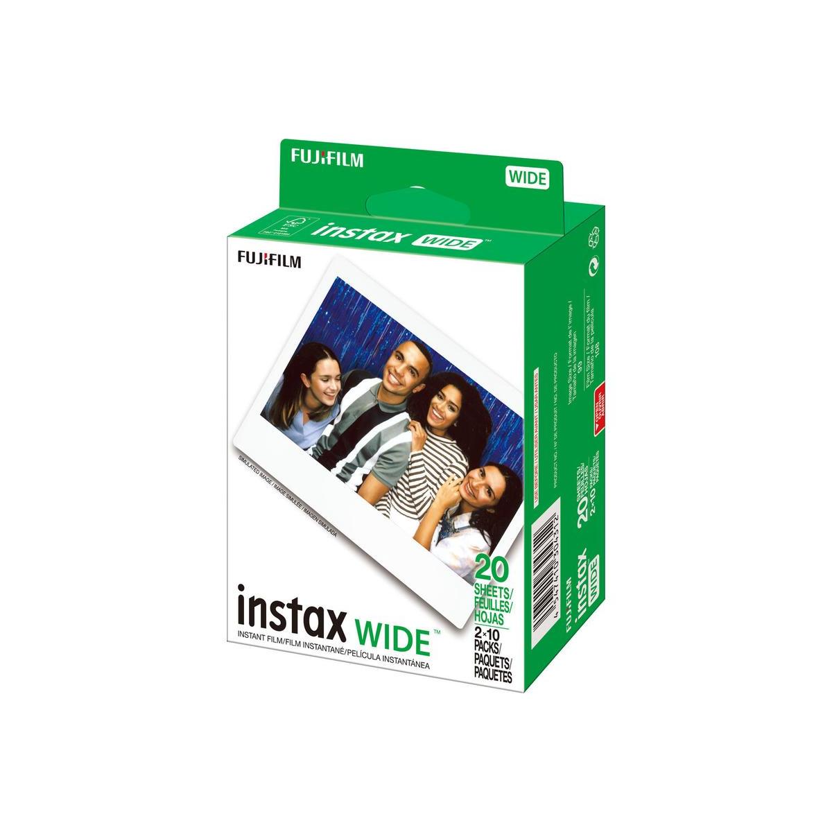 Fujifilm INSTAX WIDE instant film twin pack box containing 20 glossy color exposures with classic white borders.