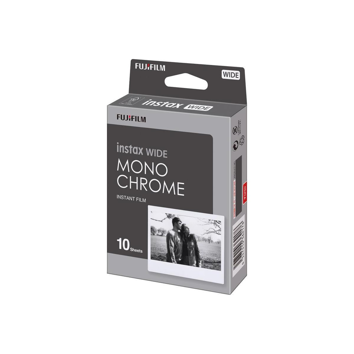 Fujifilm Instax Wide Monochrome instant film box with 10 sheets, featuring a black and white sample print on the packaging.