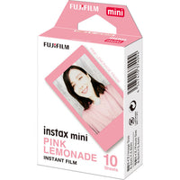 Fujifilm Instax Mini Pink Lemonade instant film pack with 10 sheets and a decorative pink border design.