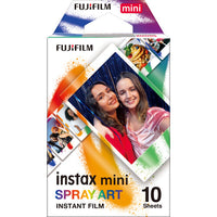 Fujifilm Instax Mini Spray Art instant film pack with 10 sheets featuring colorful graffiti-style border designs.