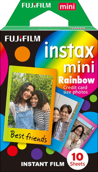 Fujifilm Instax Mini Rainbow instant film pack with 10 sheets for credit card-sized color photos with colorful borders.