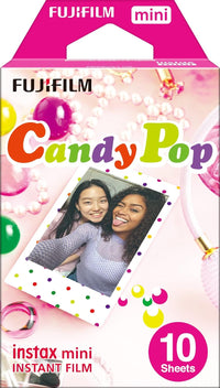 Fujifilm Instax Mini Candy Pop instant film pack with 10 sheets featuring colorful polka dot borders on a pink background.