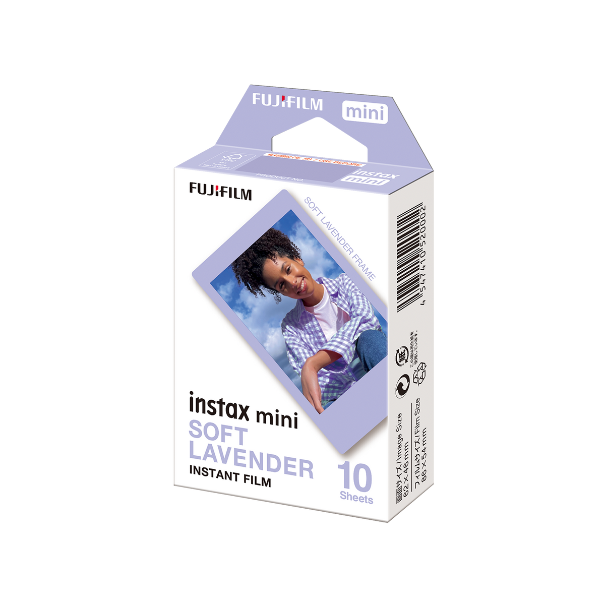 Fujifilm Instax Mini instant film pack with 10 sheets featuring soft lavender borders for credit card-sized prints.