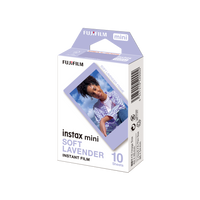 Fujifilm Instax Mini instant film pack with 10 sheets featuring soft lavender borders for credit card-sized prints.
