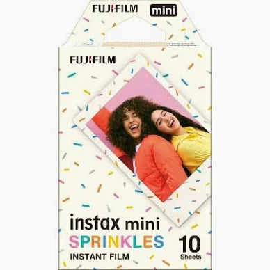 Fujifilm Instax Mini Sprinkles instant film pack with 10 sheets featuring a colorful confetti-patterned box design.