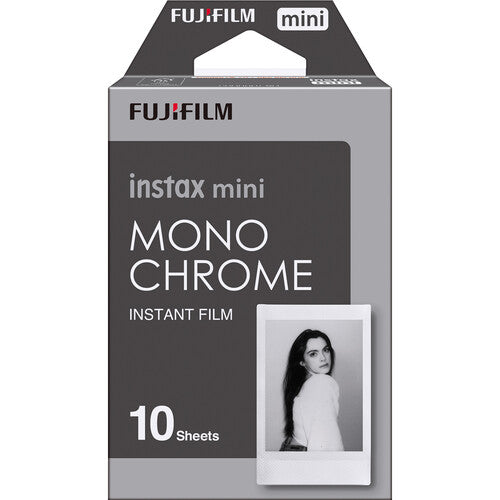 Fujifilm Instax Mini Mono Chrome instant film packaging with a sample photo on a white background