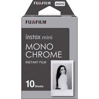 Fujifilm Instax Mini Mono Chrome instant film packaging with a sample photo on a white background