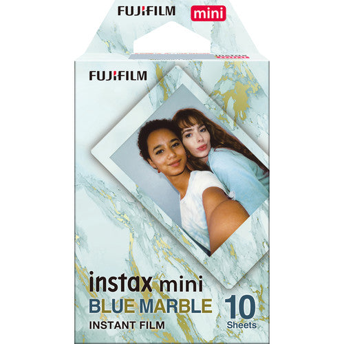 Fujifilm Instax Mini Blue Marble instant film pack with 10 sheets featuring a stylish blue and gold marble border design.
