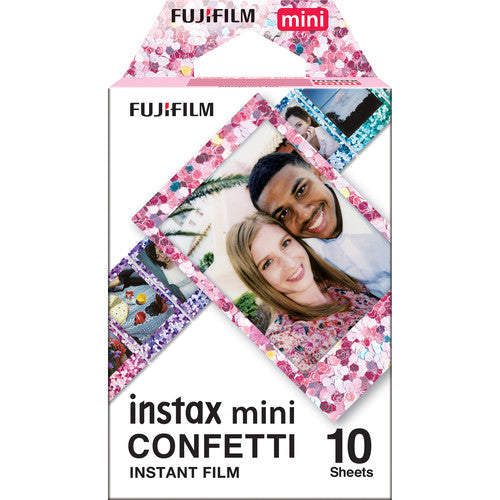 Fujifilm Instax Mini Confetti instant film pack with 10 sheets featuring decorative pink and purple glitter borders.