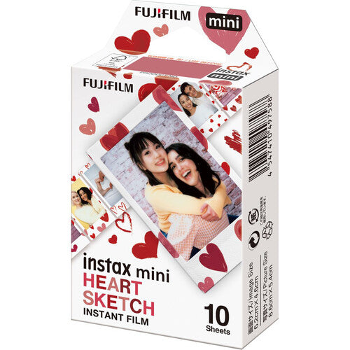 Fujifilm Instax Mini Heart Sketch instant film box with 10 sheets featuring red heart border designs on white film frames.