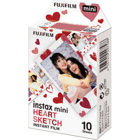 Fujifilm Instax Mini Heart Sketch instant film box with 10 sheets featuring red heart border designs on white film frames.