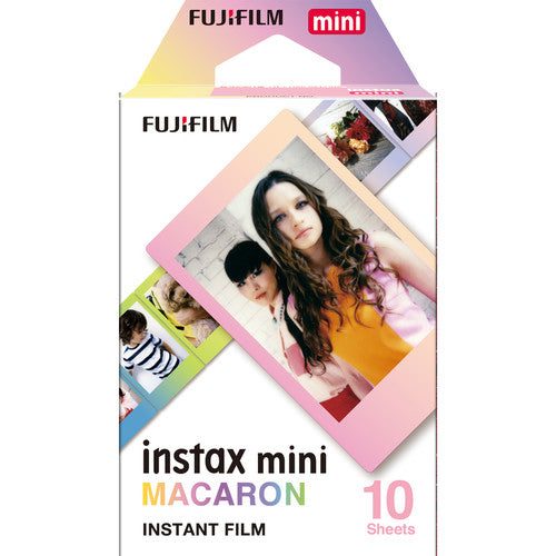 Fujifilm Instax Mini Macaron instant film pack with 10 sheets featuring colorful pastel-bordered credit card-sized prints.