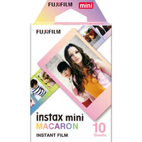 Fujifilm Instax Mini Macaron instant film pack with 10 sheets featuring colorful pastel-bordered credit card-sized prints.