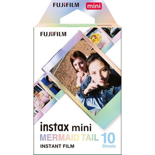 Fujifilm Instax Mini Mermaid Tail instant film pack with 10 sheets featuring iridescent, multicolored borders.
