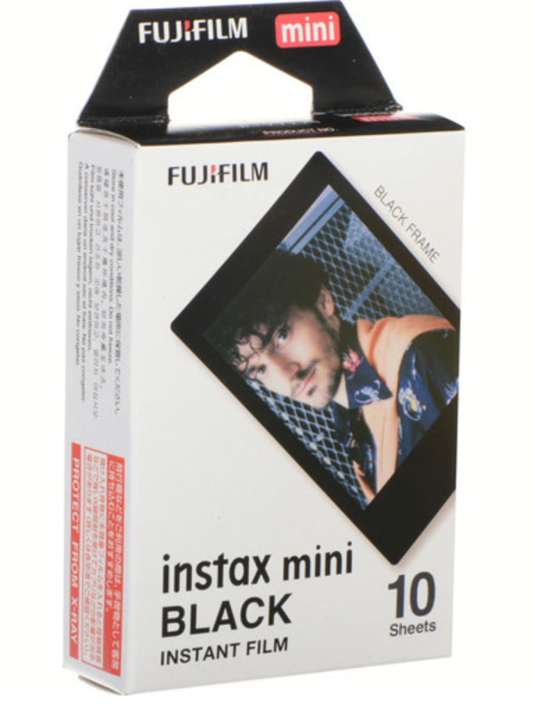 Fujifilm Instax Mini instant film pack with 10 sheets, featuring a black border design for credit card-sized prints.