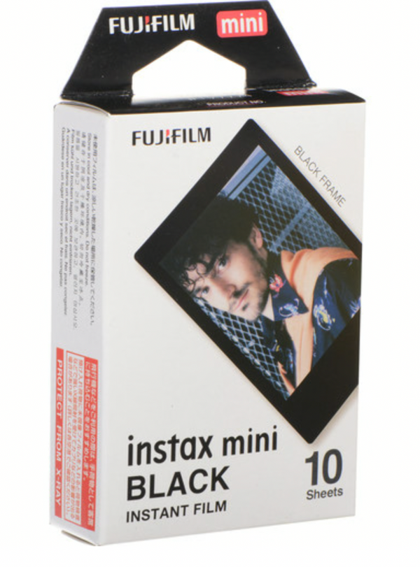 Fujifilm Instax Mini instant film pack with 10 sheets, featuring a black border design for credit card-sized prints.
