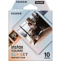 Fujifilm Instax Square Sunset instant film 10-pack box with gradient borders and sample square photo prints.