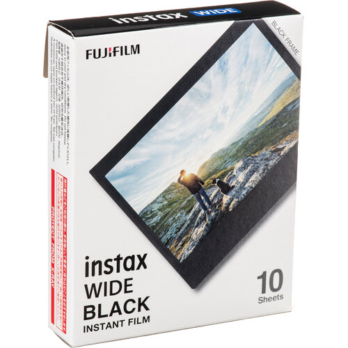 Fujifilm Instax Wide Black instant film box with 10 exposures and a sample photo featuring a black border design.
