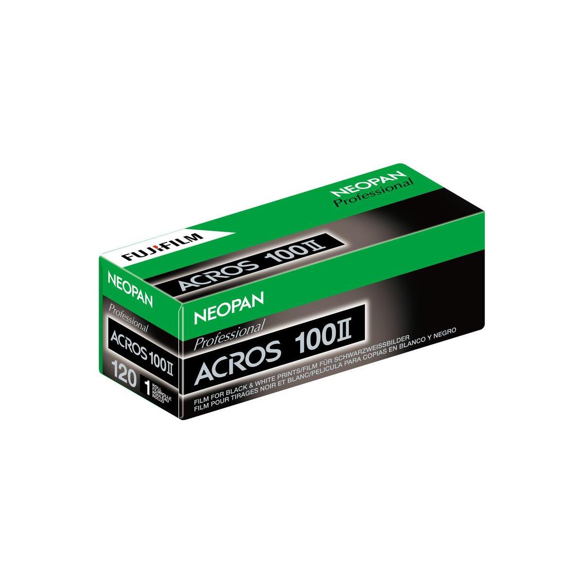Fujifilm Neopan Acros II 100 ISO 120 black and white film box in green and black packaging.