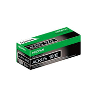 Fujifilm Neopan Acros II 100 ISO 120 black and white film box in green and black packaging.