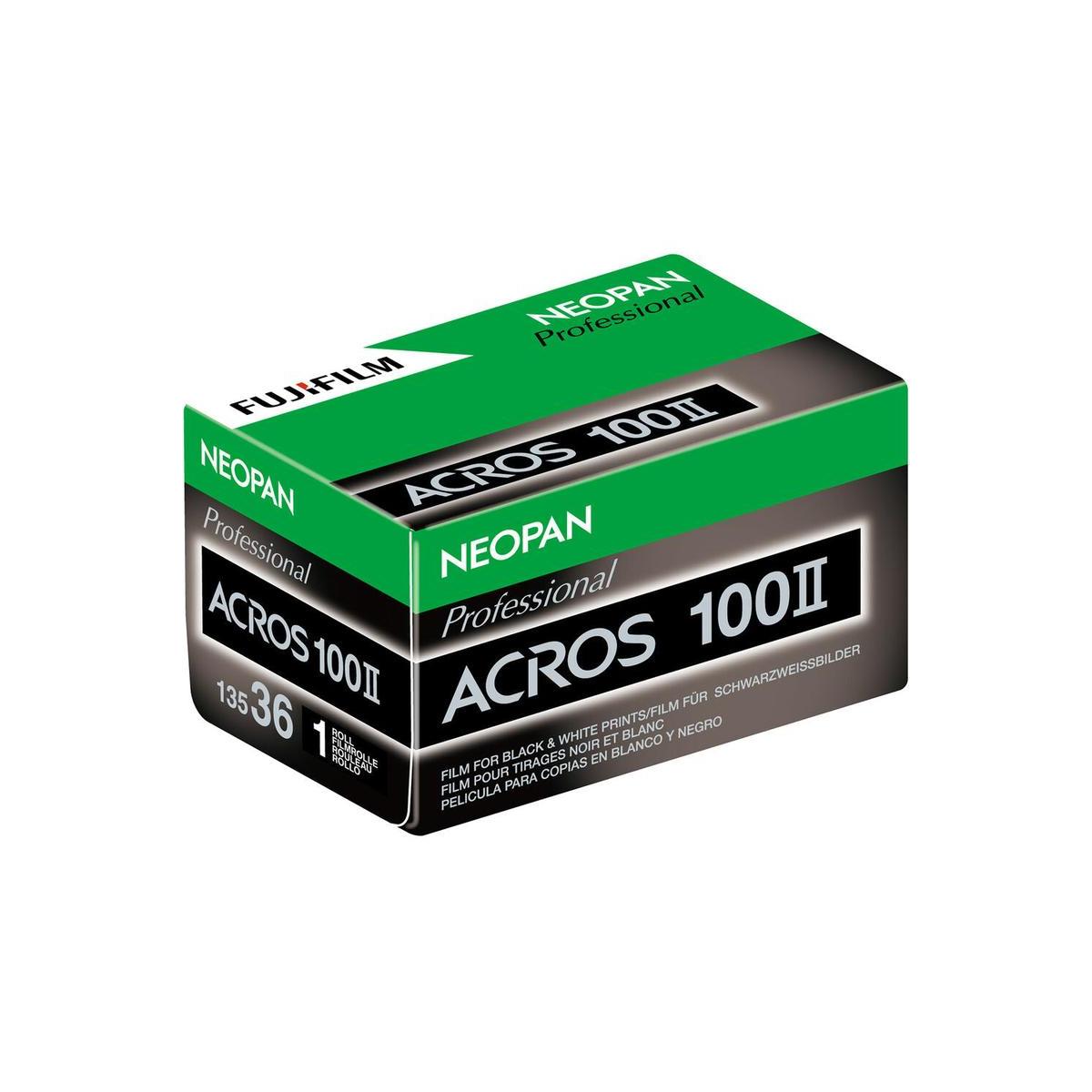 Fujifilm Neopan Acros II 100 ISO 35mm black and white film box in green and black packaging with 36 exposures.