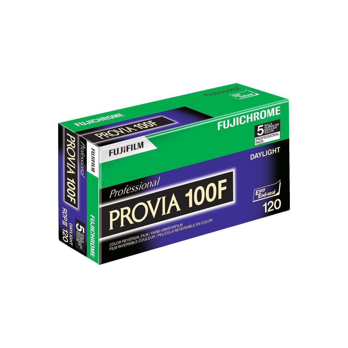 Fujifilm Provia 100F 120 medium format color transparency film box in green and purple packaging.