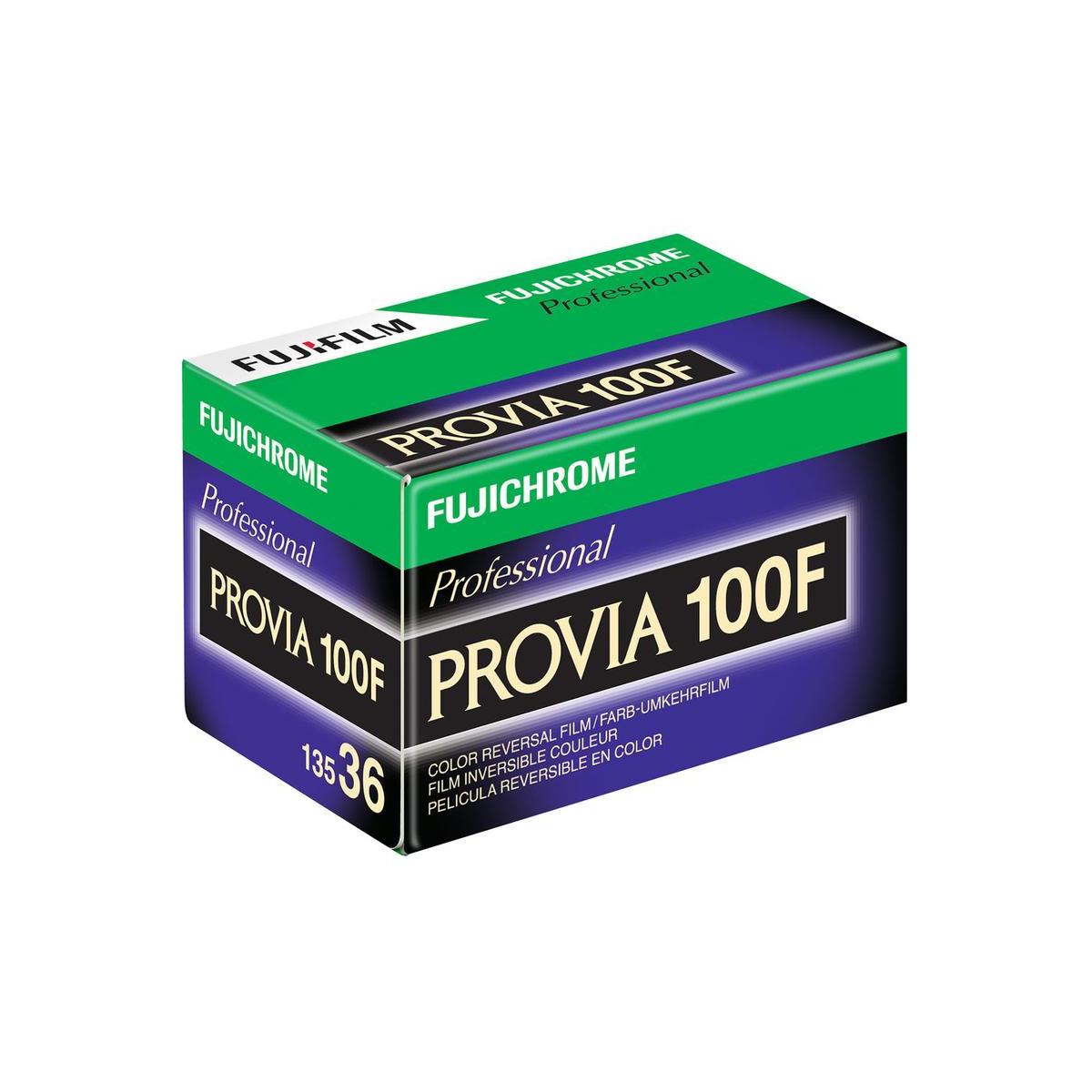 Fujifilm Provia 100F 35mm color transparency film box with green and black branding and 36 exposure label.